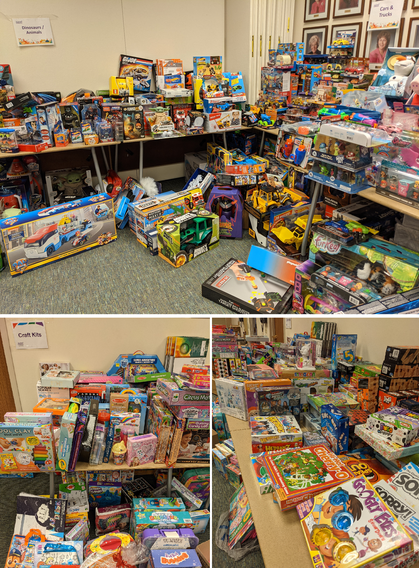 Toys for children spending Christmas at Mary Bridge Children's Hospital being sorted in Santa's Workshop.