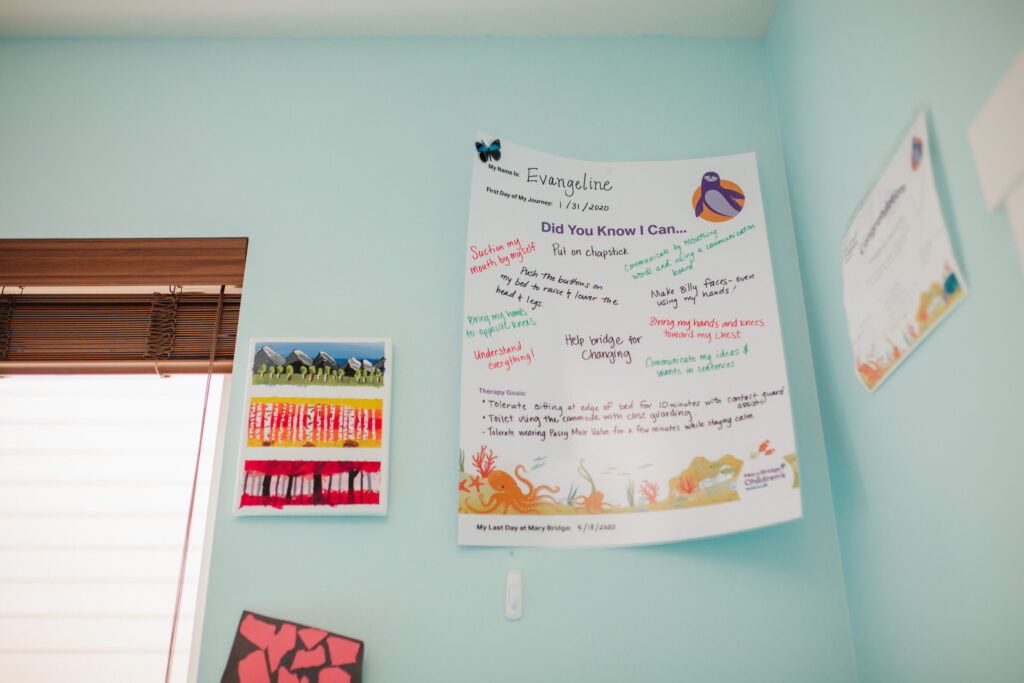 During her hospital stay, Evangeline’s care team helped her create a chart of all the things she could do after her surgeries. Those charts are still hanging on her walls at home