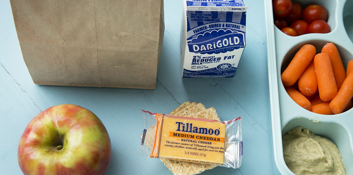 Healthy school lunch laid out showing milk, apple, cheese and crackers, humus and vegetables.