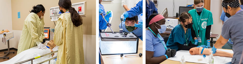 Collage of photos of high school students in immersive health care labs. 