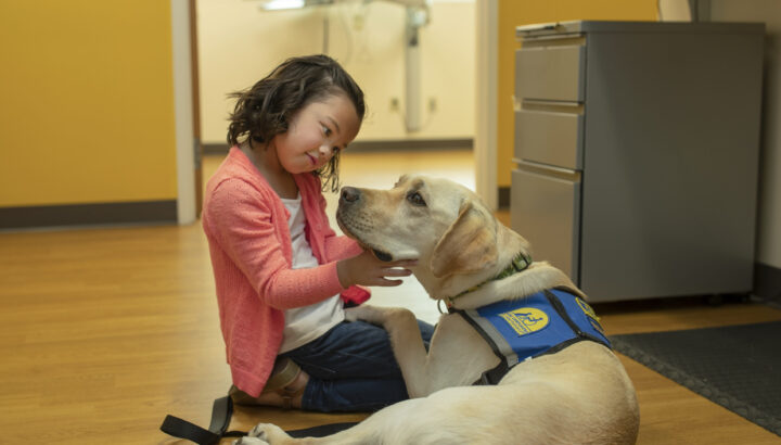 Girl sitting on the floor petting dog.