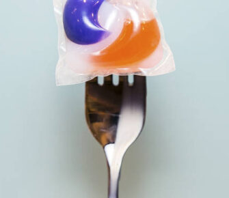 A Tide laundry pod on a fork.