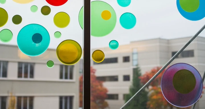 Blue, green, and teal circles of different sizes decorate a window.